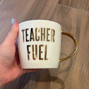 “Teacher Fuel” White Mug with Gold Handle and Text